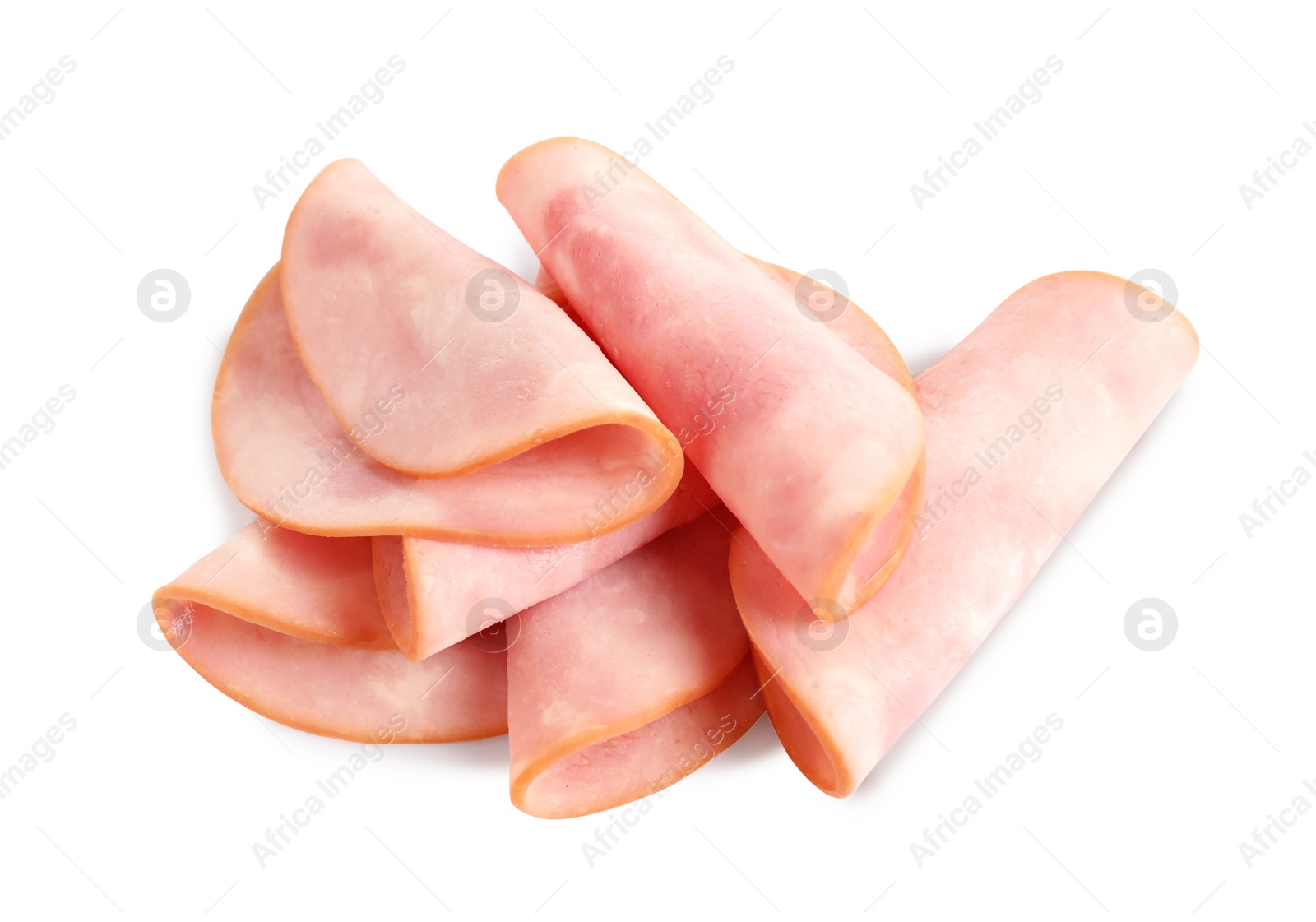 Photo of Slices of tasty fresh ham isolated on white, above view