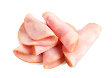 Photo of Slices of tasty fresh ham isolated on white, above view