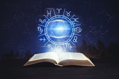 Image of Old book on black surface and illustration of zodiac wheel with astrological signs under starry sky at night