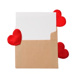 Photo of Blank card, envelope and red decorative hearts on white background, top view. Valentine's Day celebration