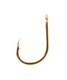 Photo of Metal hook on white background. Fishing accessory