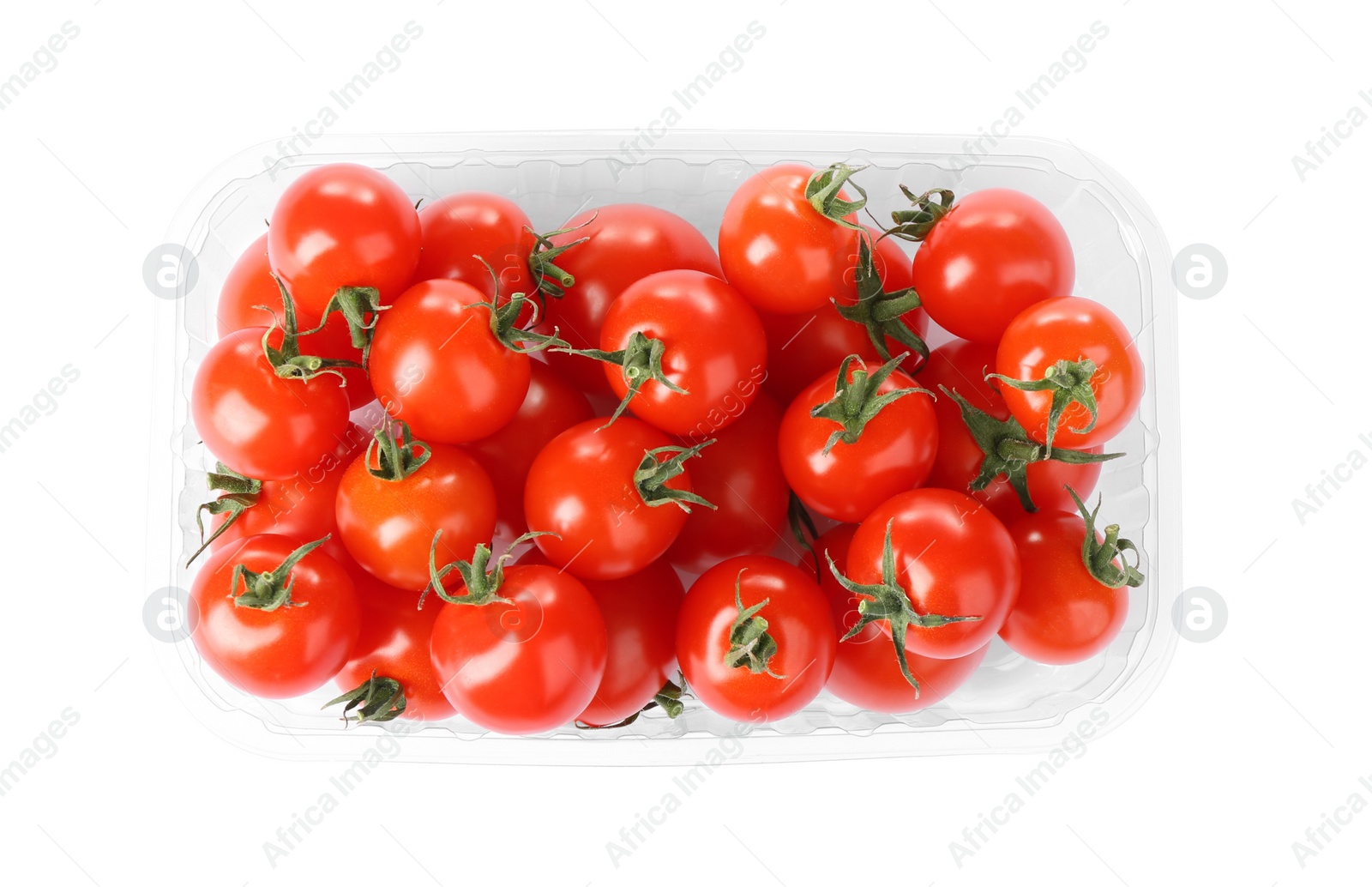 Photo of Tasty fresh raw tomatoes isolated on white, top view