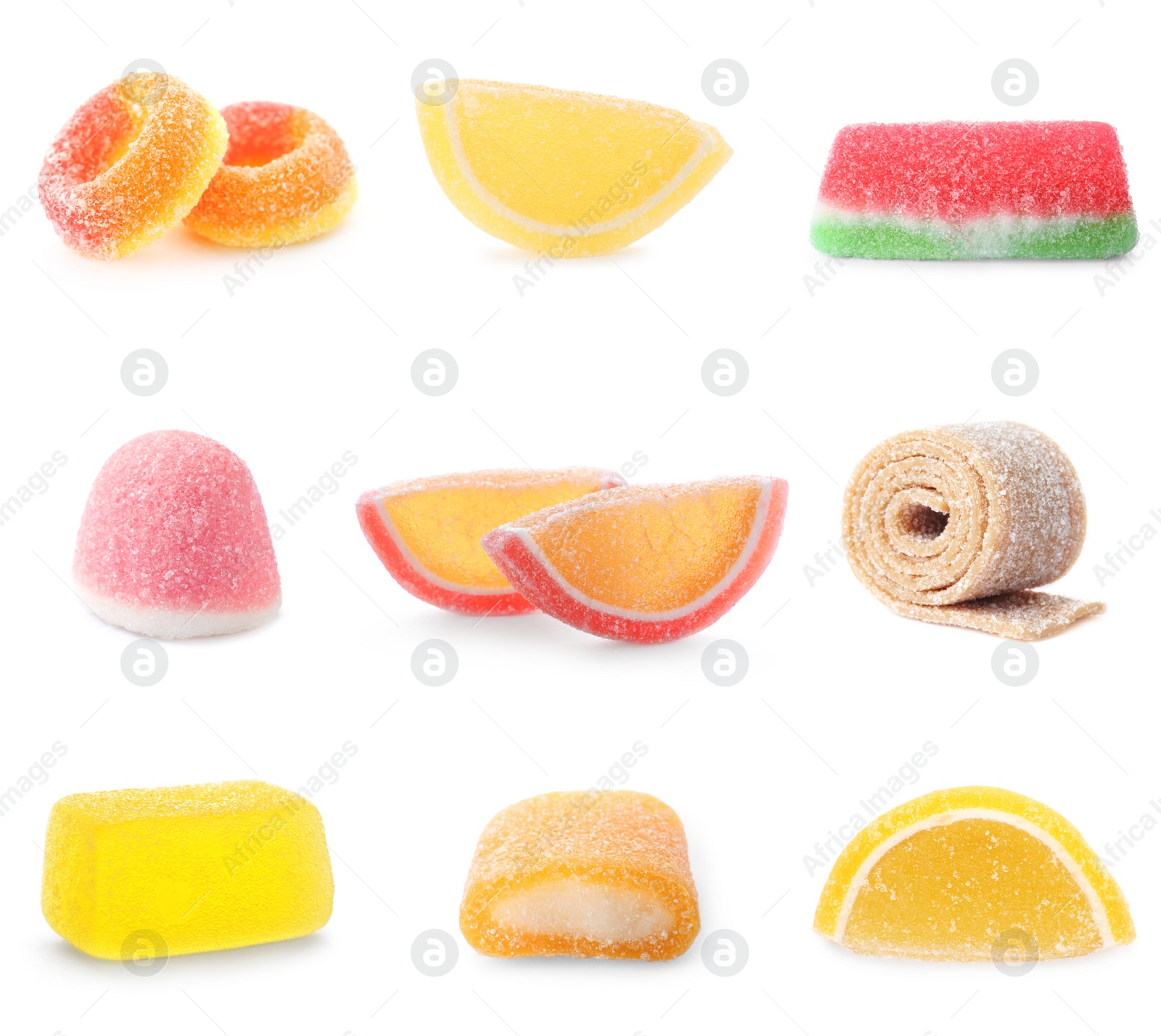 Image of Set of delicious candies on white background