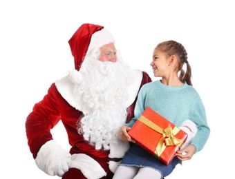 Photo of Authentic Santa Claus and little girl with gift box on white background