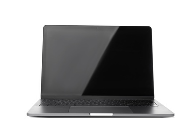 Photo of Laptop with blank screen on white background. Modern technology