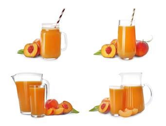 Image of Collage of peach juice and fresh fruits isolated on white