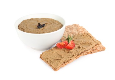 Photo of Tasty liver pate and crispy crackers on white background