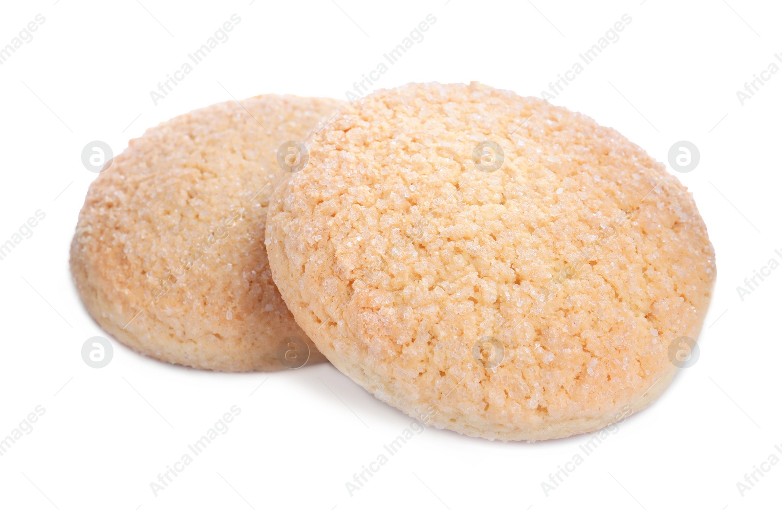 Photo of Two tasty sugar cookies isolated on white