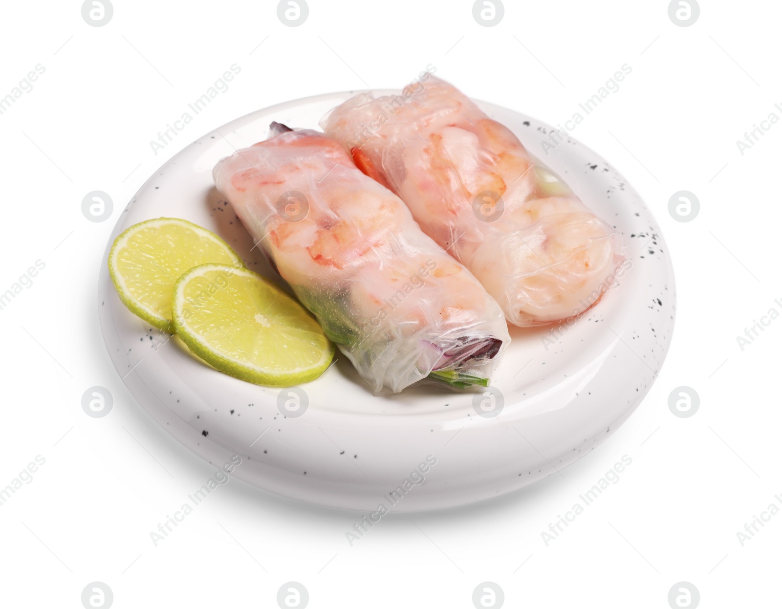 Photo of Delicious spring rolls with shrimps wrapped in rice paper on white background