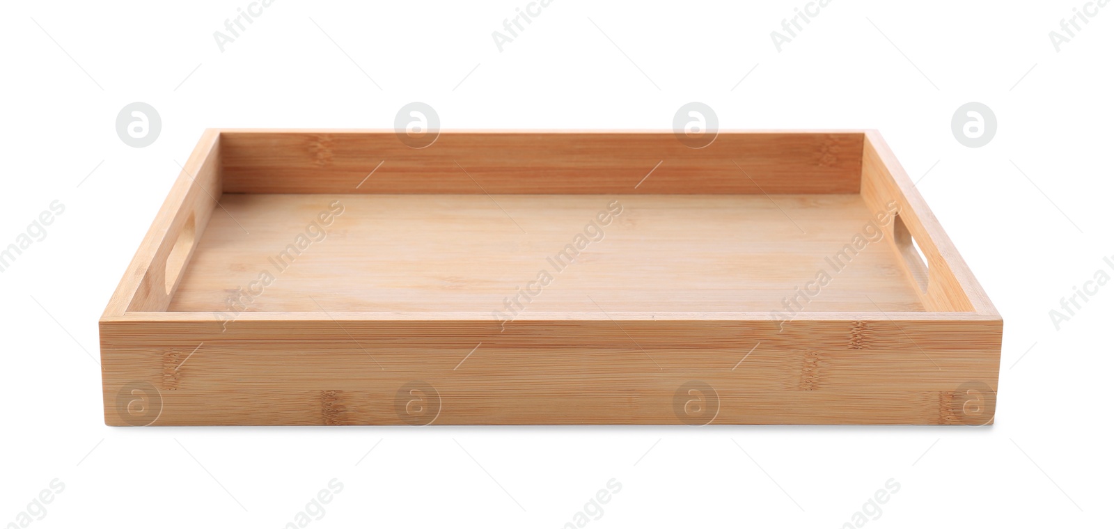 Photo of One empty wooden tray isolated on white