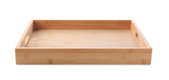 Photo of One empty wooden tray isolated on white