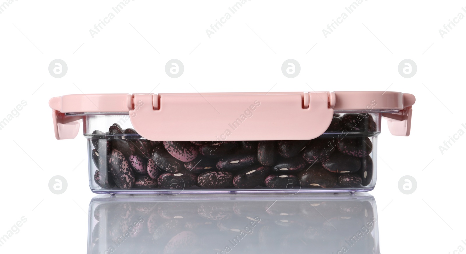 Photo of Box with uncooked beans on white background