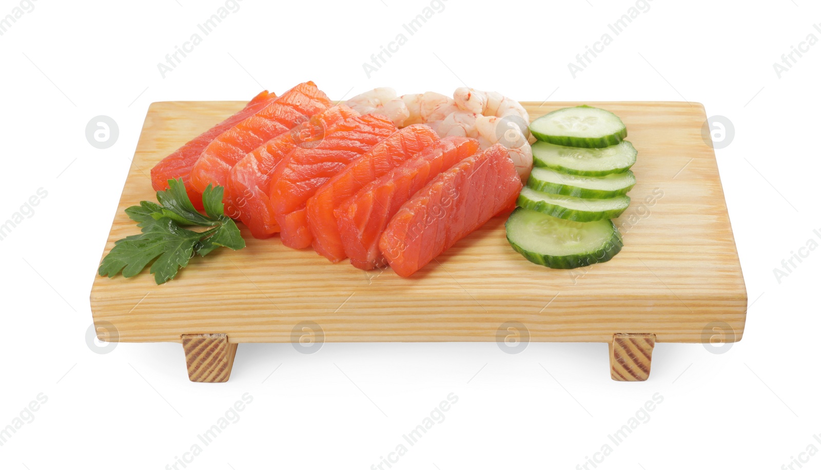 Photo of Delicious sashimi set of salmon and shrimps served with cucumbers and parsley isolated on white