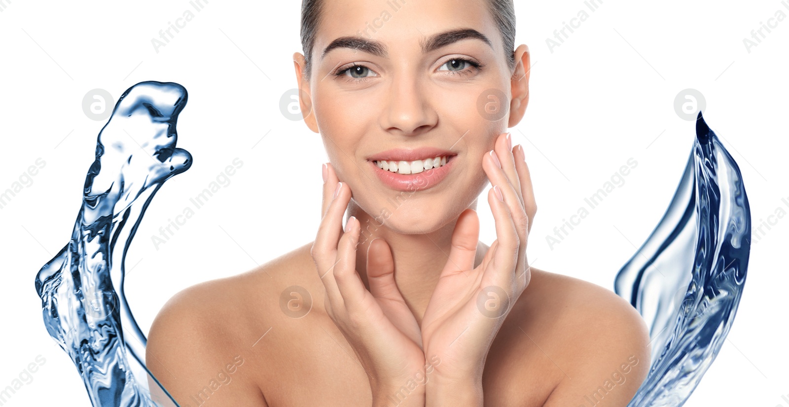 Image of Beautiful woman with perfect skin and splashes of clear water on white background, banner design