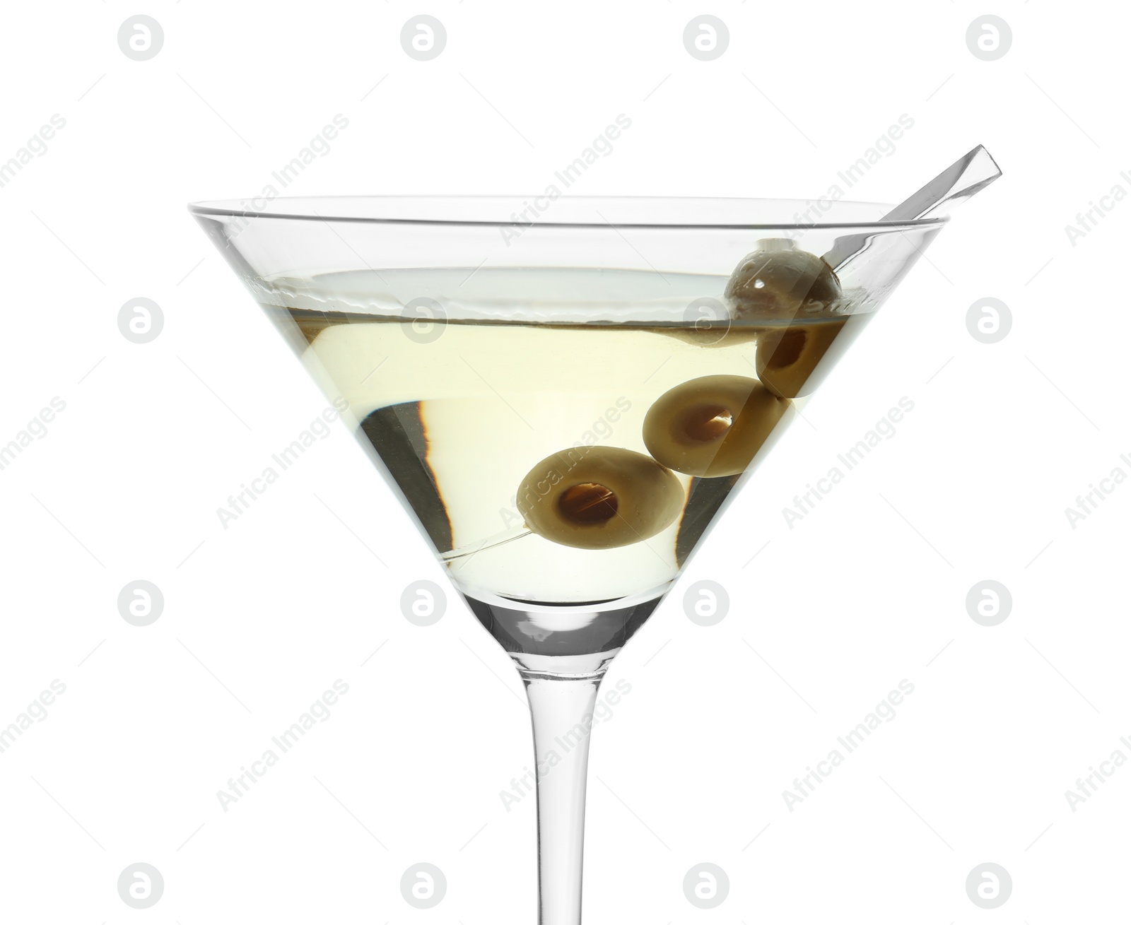 Photo of Glass of olive martini on white background