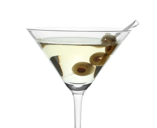 Photo of Glass of olive martini on white background