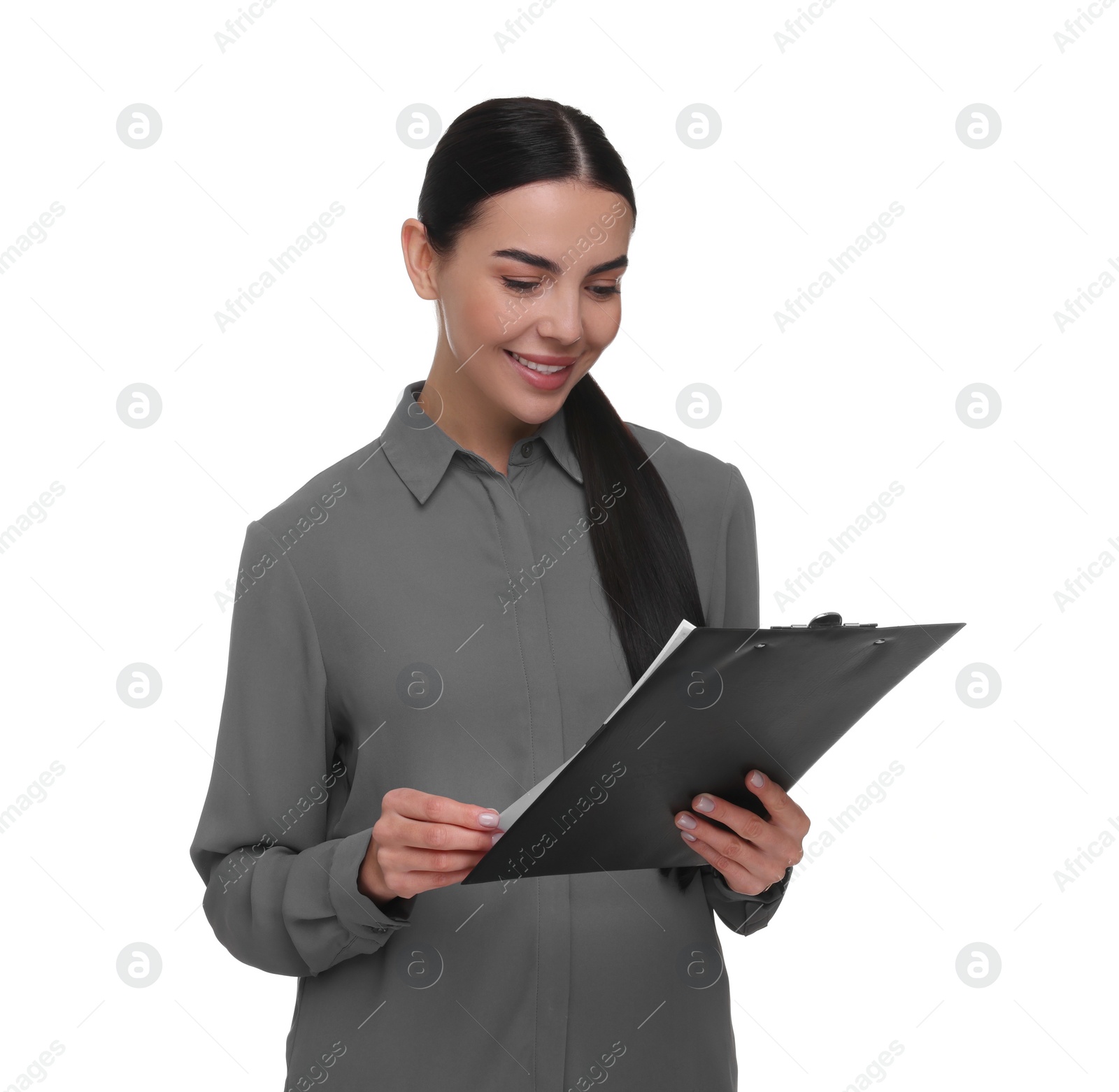 Photo of Portrait of smiling woman with clipboard on white background. Lawyer, businesswoman, accountant or manager