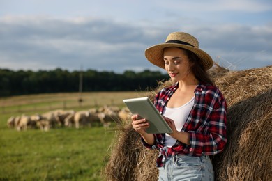 Photo of Farmer using tablet near hay bale on farm. Space for text