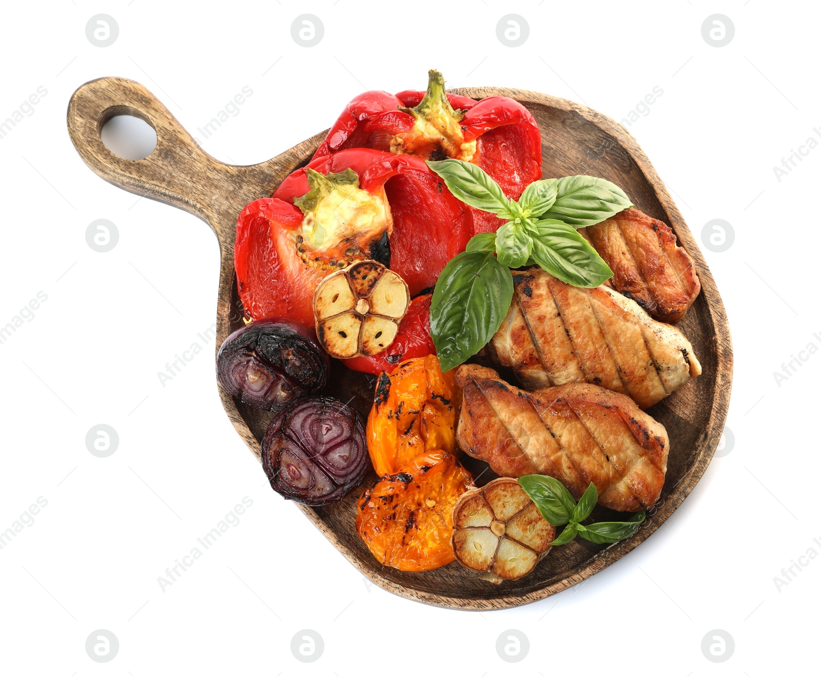 Photo of Board with tasty grilled vegetables, meat and basil isolated on white, top view