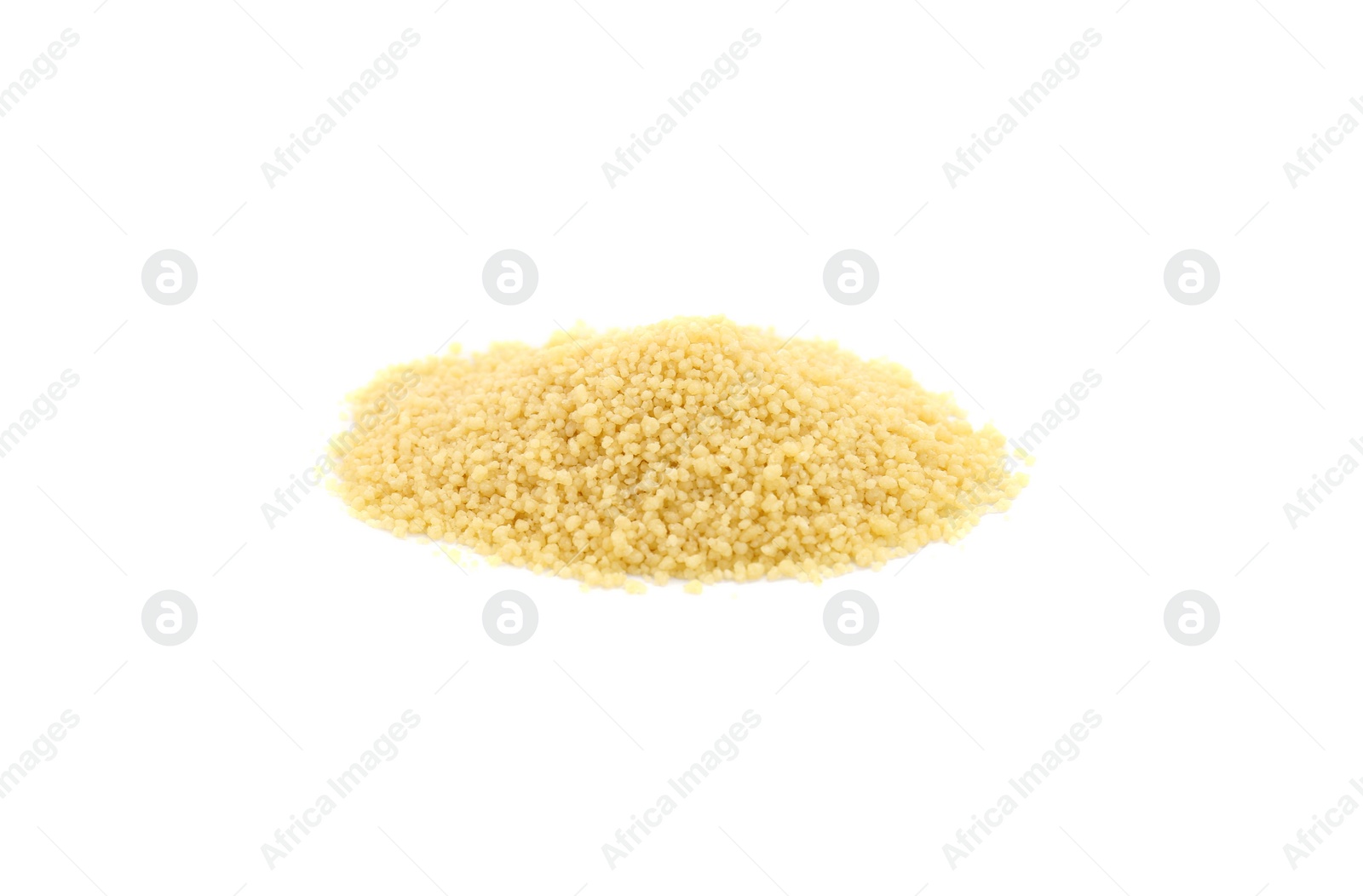 Photo of Heap of raw couscous on white background