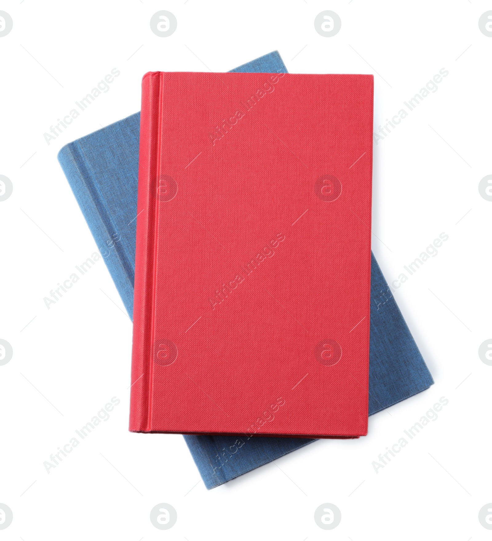 Photo of Stack of hardcover books isolated on white, top view