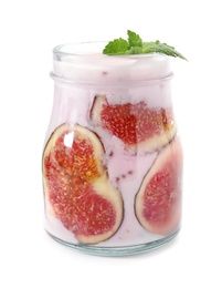 Photo of Delicious fig smoothie in glass jar on white background