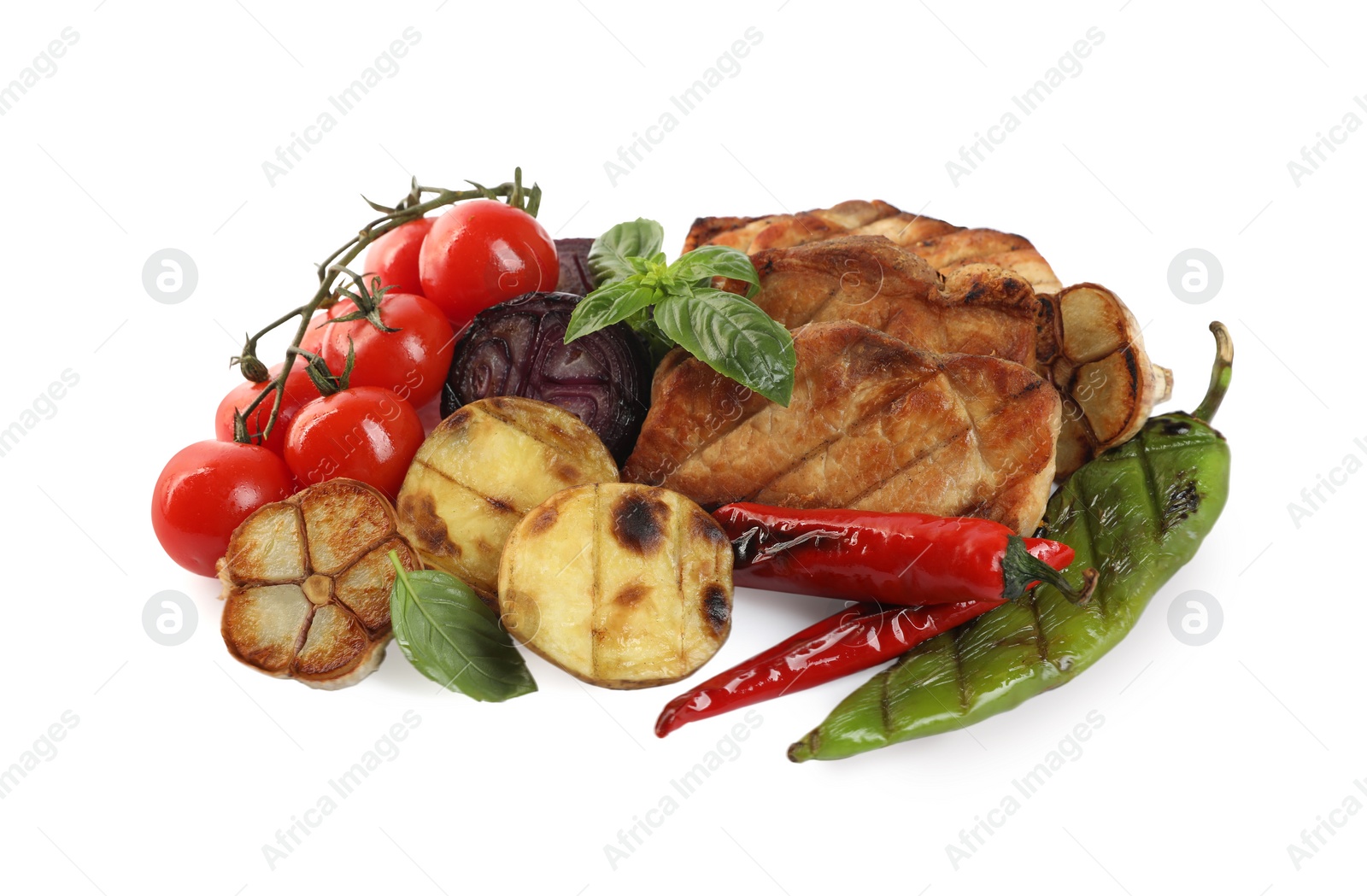 Photo of Tasty grilled vegetables, meat, fresh cherry tomatoes and basil isolated on white