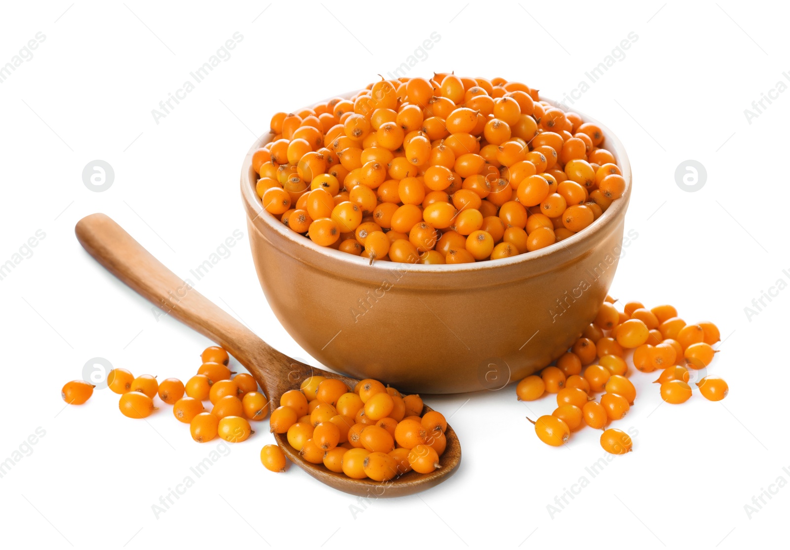 Photo of Bowl and wooden spoon with fresh ripe sea buckthorn berries on white background