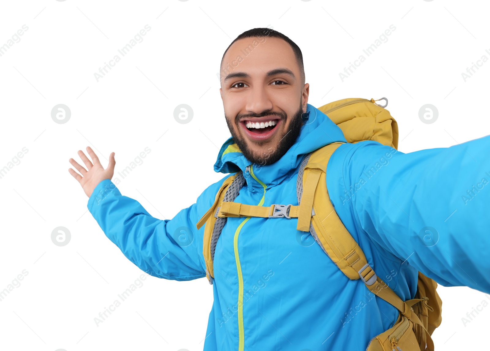 Photo of Smiling young man taking selfie on white background