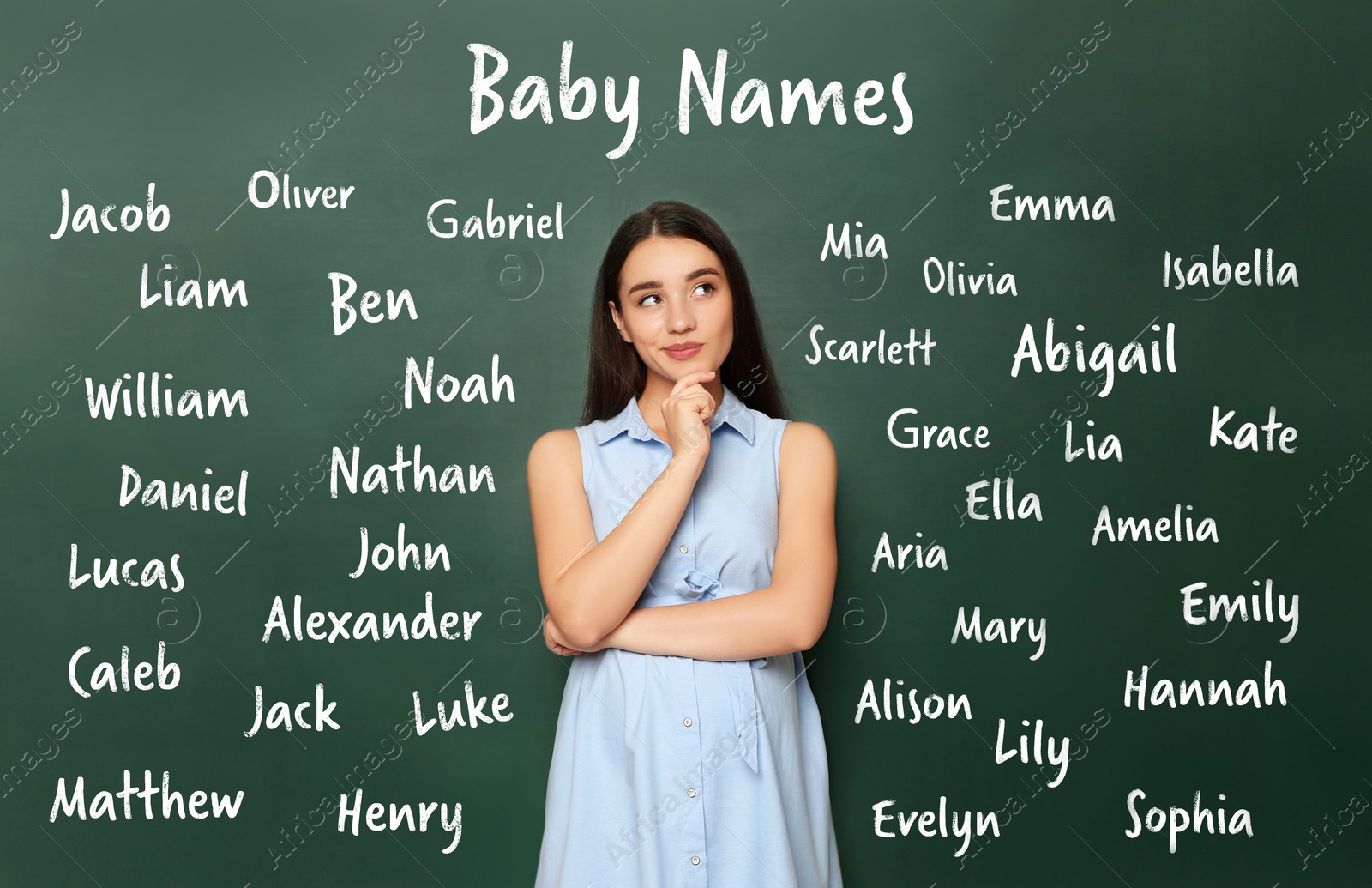 Image of Thoughtful pregnant woman choosing name for her child. Future mother near green chalkboard with different names