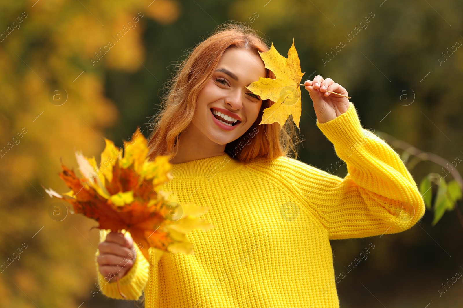 Photo of Portrait of happy woman with autumn leaves outdoors