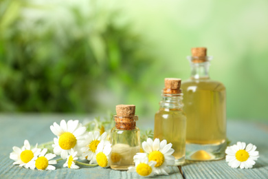 Photo of Bottles of essential oil and chamomiles on blue wooden table