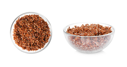 Bowls with cooked red quinoa on white background