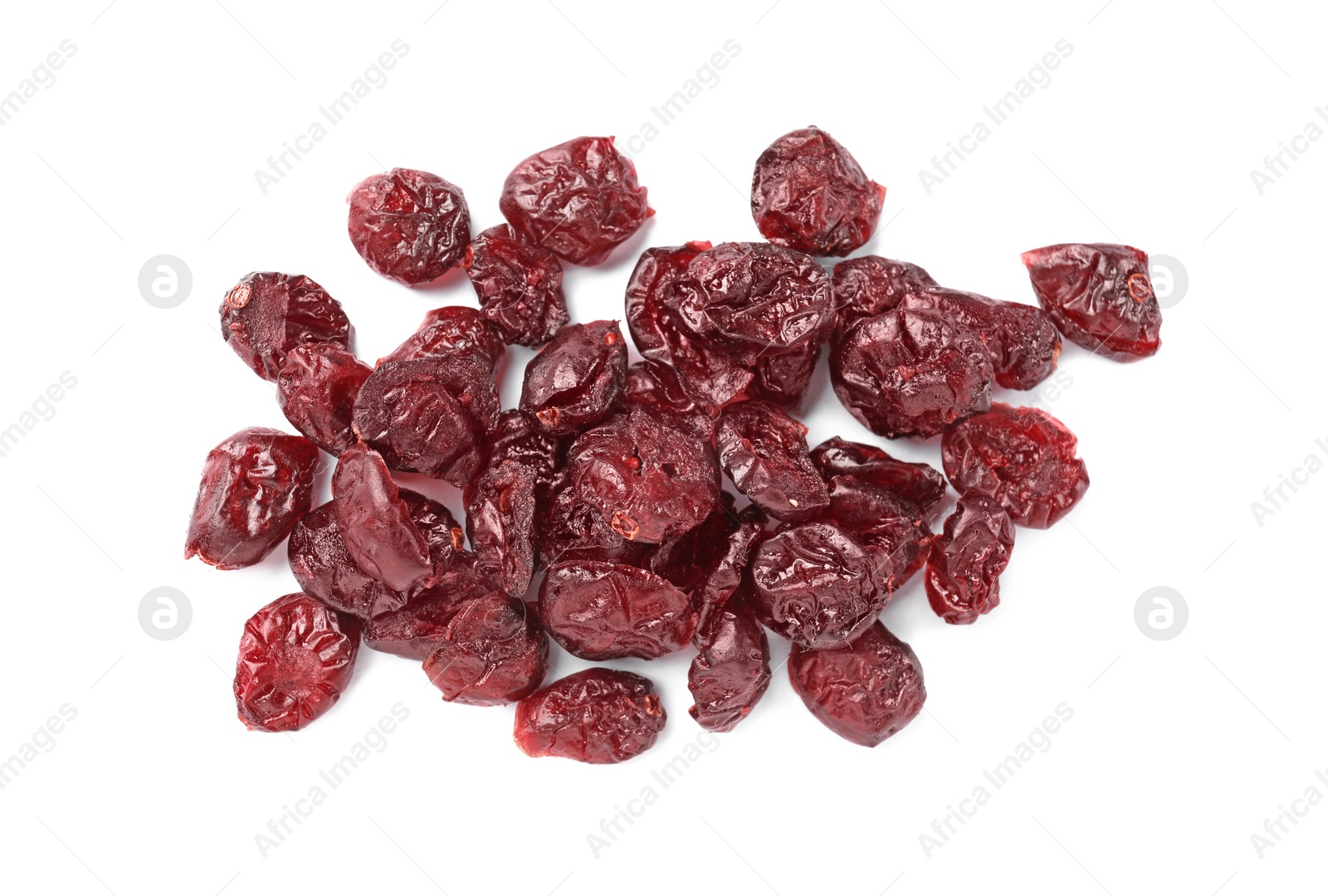Photo of Tasty dried cranberries isolated on white, top view