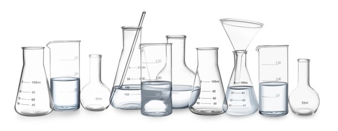 Image of Set of different laboratory glassware isolated on white