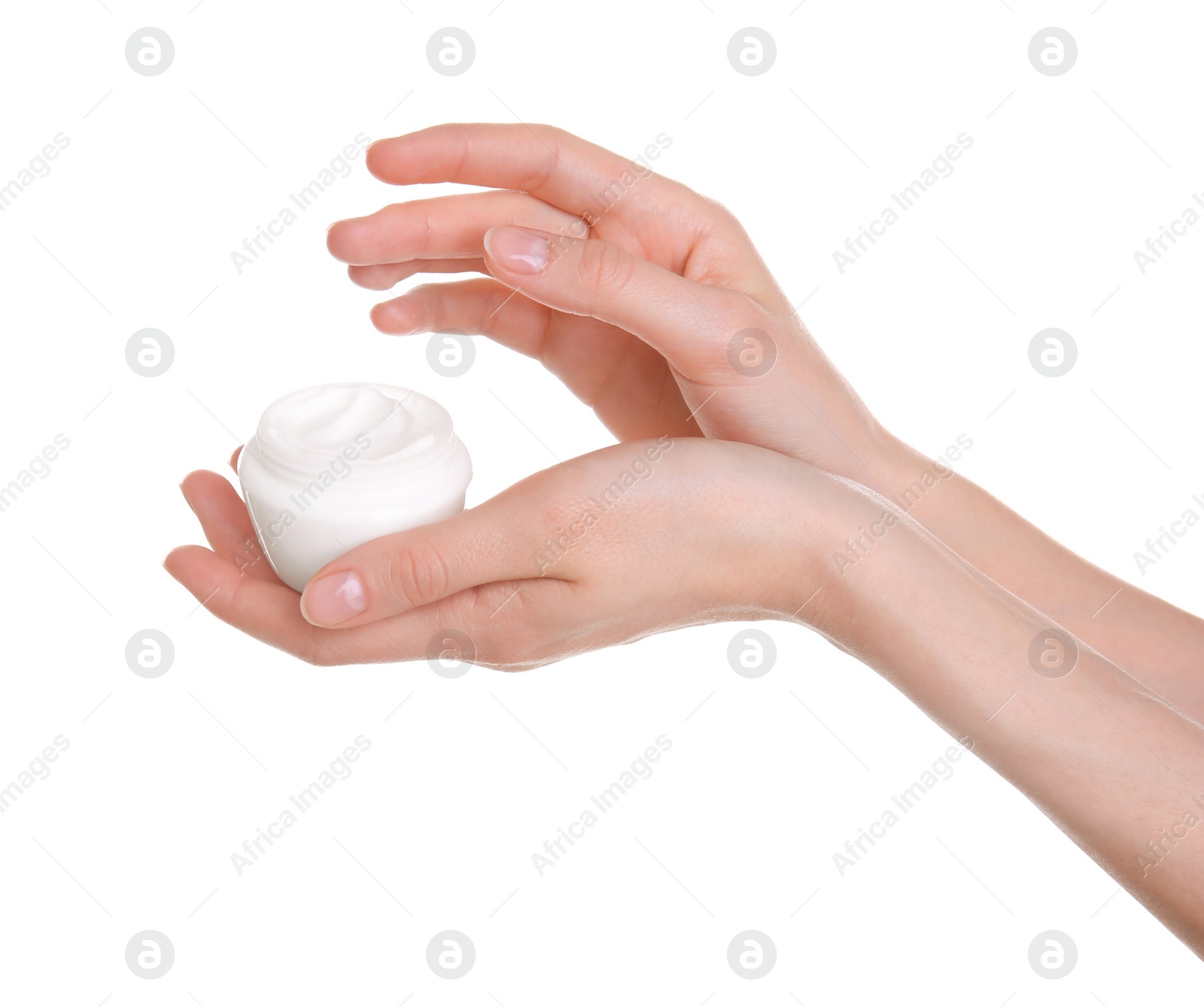 Photo of Young woman holding jar with hand cream on white background