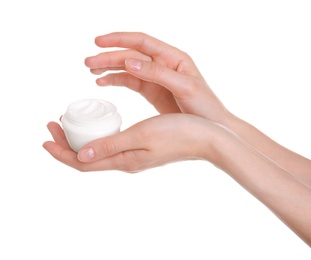 Photo of Young woman holding jar with hand cream on white background