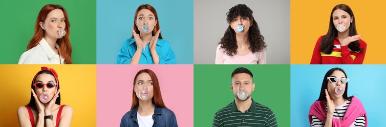 Image of People blowing bubble gums on color backgrounds, set of photos