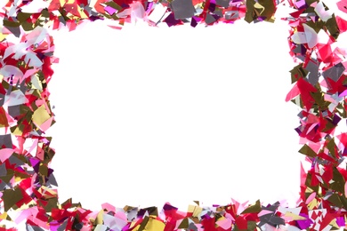 Frame made of bright confetti on white background, top view. Space for text