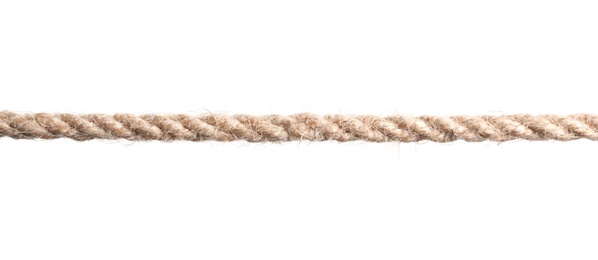 Photo of Strong nautical cotton rope on white background