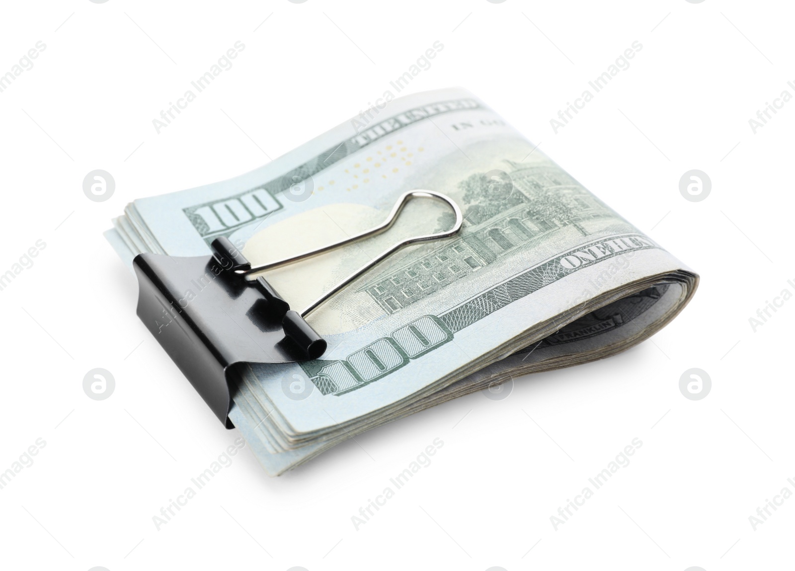 Photo of Dollar banknotes with paper clip on white background