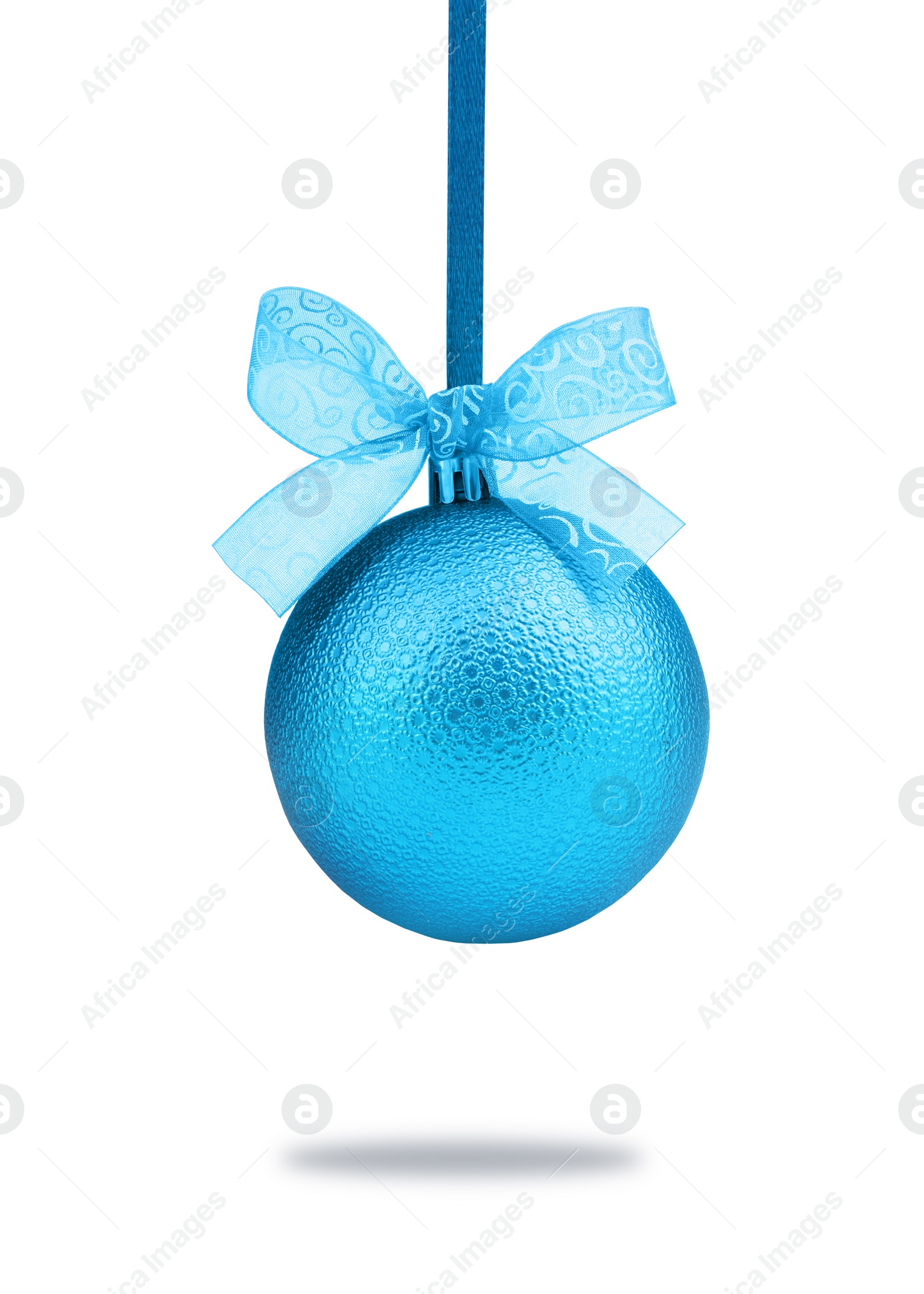 Image of Beautiful blue Christmas ball with bow hanging on white background