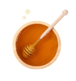 Photo of Tasty honey in bowl and dipper isolated on white, top view
