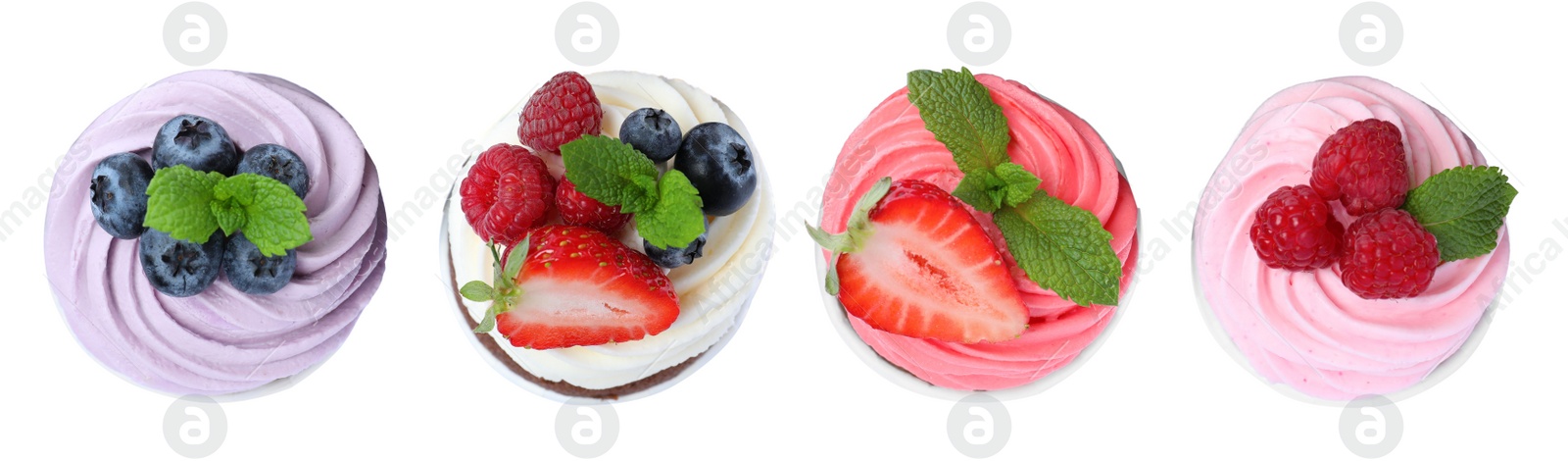 Image of Set with delicious cupcakes on white background, top view. Banner design 