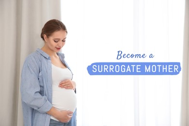 Image of Surrogate mother. Pregnant woman near window indoors