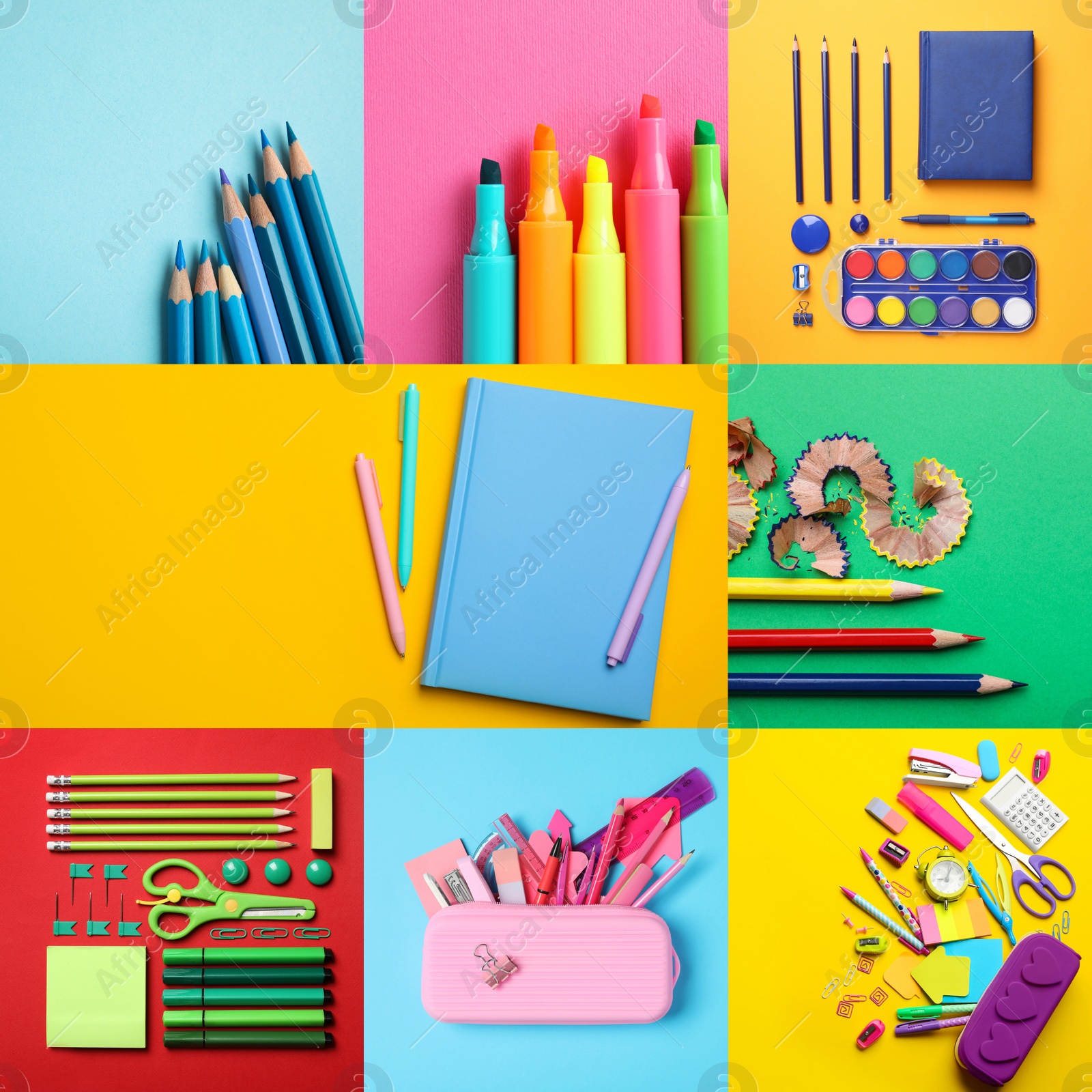 Image of Collage with photos of various school stationery on different color backgrounds, top view. Space for design