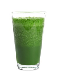 Photo of Glass with delicious detox juice on white background