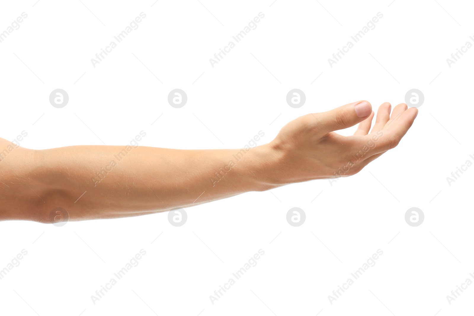 Photo of Young man held out hand on white background, closeup