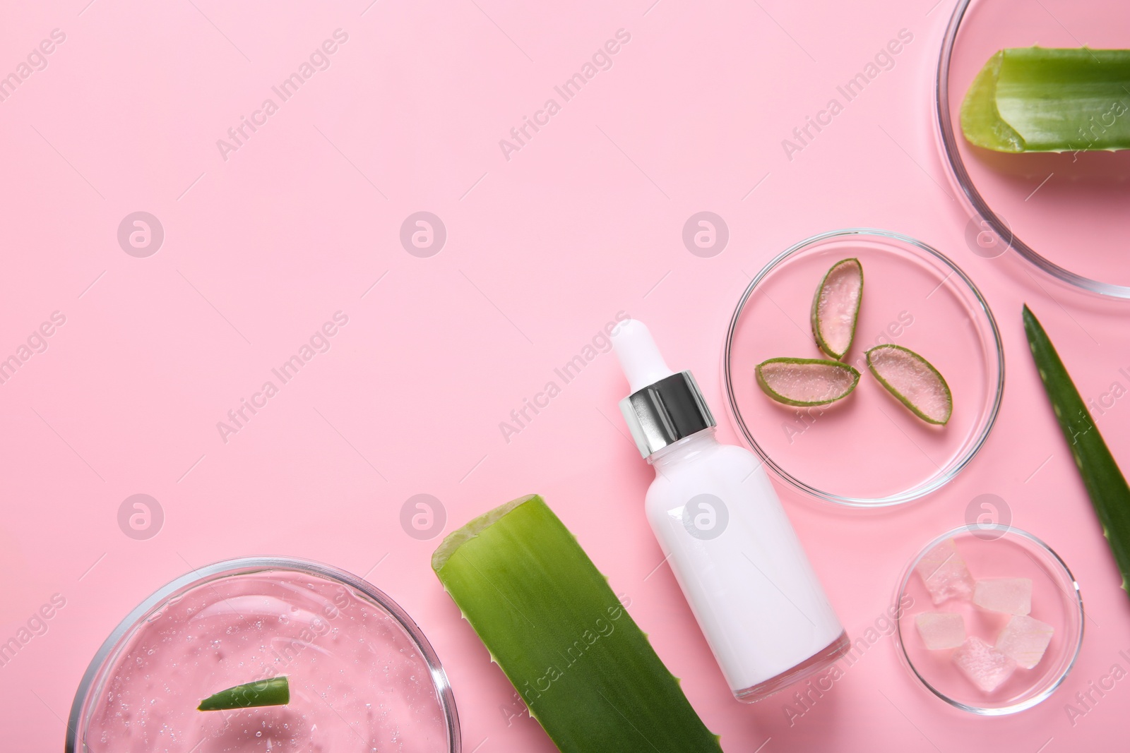 Photo of Flat lay composition with aloe vera leaves and cosmetic products on pink background. Space for text