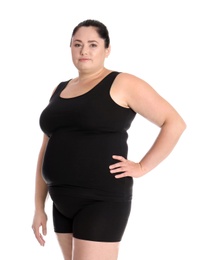 Fat woman on white background. Weight loss